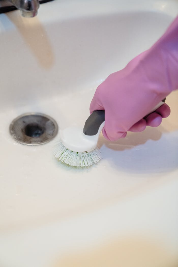 services-02 A close-up of a hand in a glove cleaning a sink with a scrub brush.